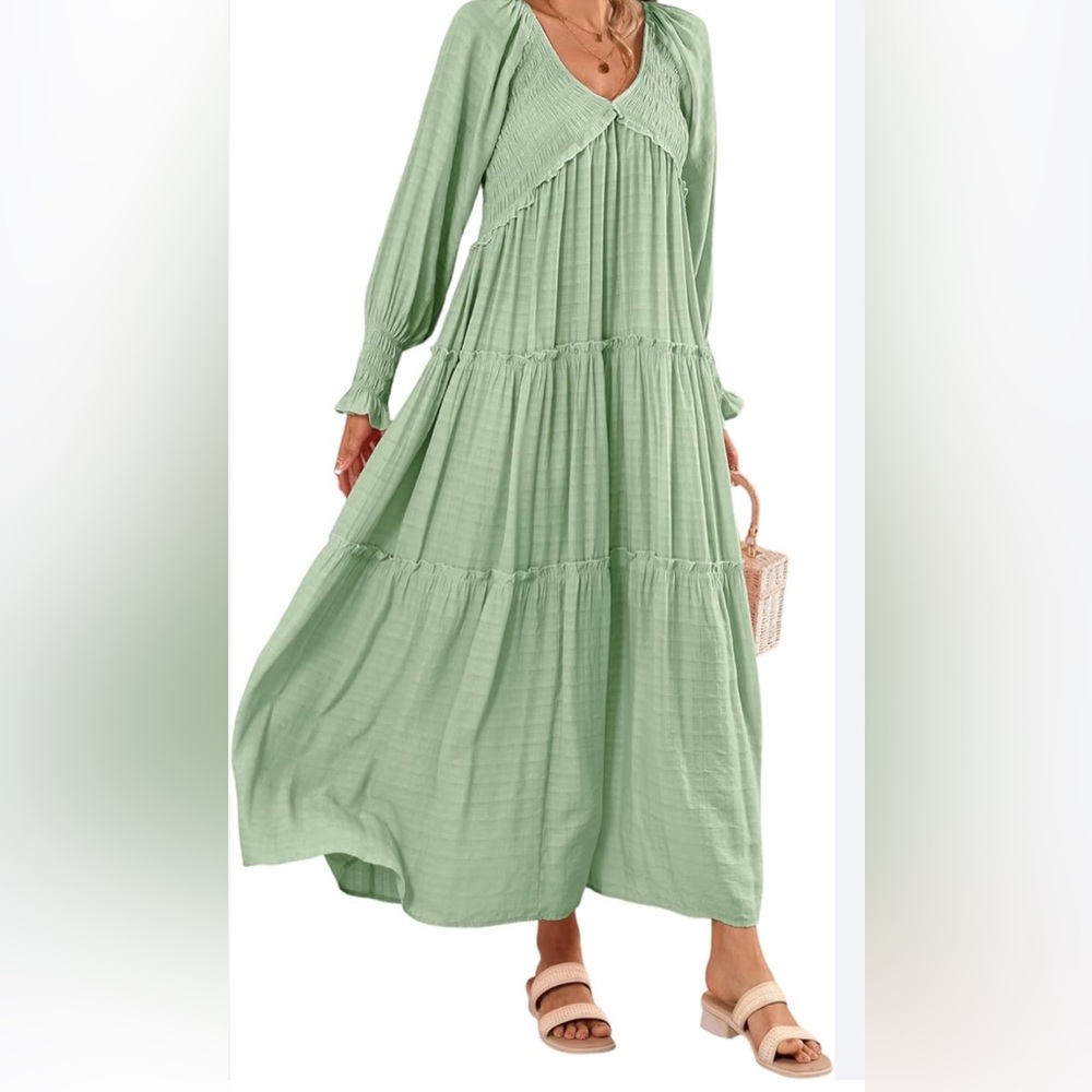 R Vivimos boho tiered maxi dress shirring detail light green XL